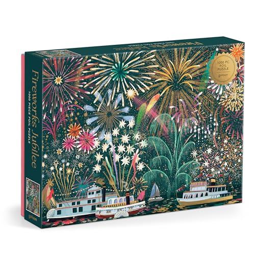 Galison Fireworks Jubilee  1000 Piece Foil Jigsaw Puzzle Featuring Beautiful Artwork Of Fireworks Overlooking Boats On The Wate