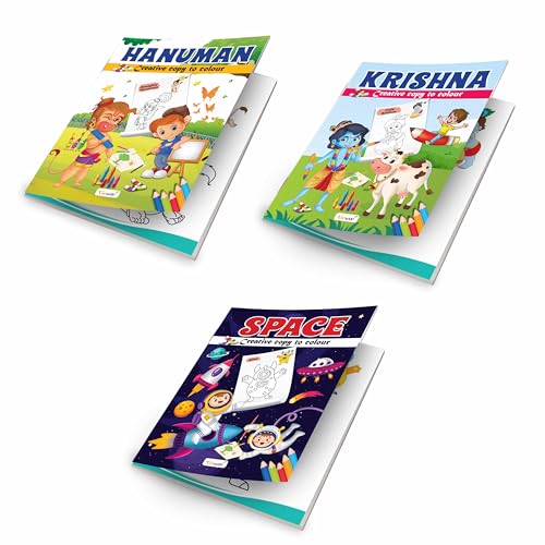 Hanuman, Krishna And Space - Creative Copy To Colour Book : Educational Colouring Book For Kids, Colouring Book For Early Learners, Cute Mythology Colouring Book | Set Of 3 Copy Colouring Books