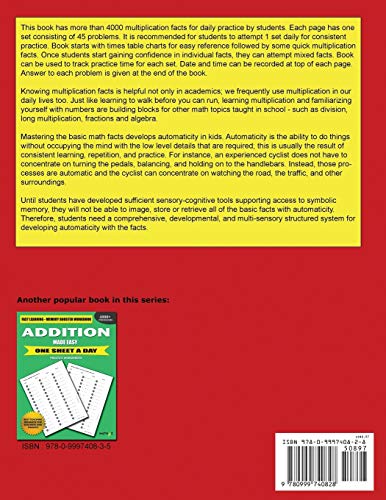 Multiplication Made Easy: Fast Learning  Memory Booster Workbook One Sheet A Day Practice Worksheets,Used
