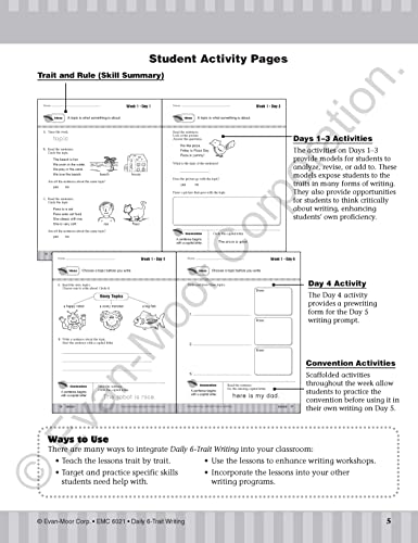 Evanmoor Daily 6Trait Writing, Grade 1, Homeschool And Classroom Resource Workbook, Reproducible Worksheets, Teaching Edition,
