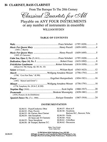 Classical Quartets for All (From the Baroque to the 20th Century): Bflat Clarinet, Bass Clarinet (For All Series),Used