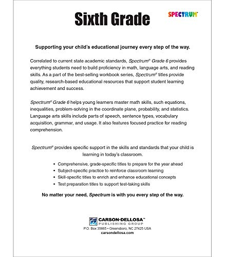 Spectrum Grade 6 Math & Language Arts Workbook6th Grade State Standards for Fractions, Decimals, Equations, Nonfiction, Fiction,Used