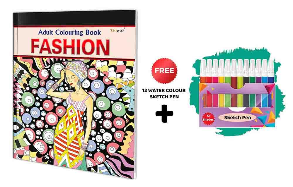 Fashion - Adult Colouring Book With 12 Water Colour Sketch Pen : Colouring Book For Adults, Mindful Coloring Book, Calming Coloring Pages, Creative Art Therapy Book