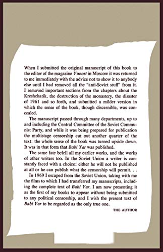 Babi Yar: A Document In The Form Of A Novel; New, Complete, Uncensored Version,New