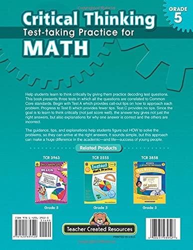 Teacher Created Resources Critical Thinking: Testtaking Practice for Math Book, Grade 5, 112 Pages,Used