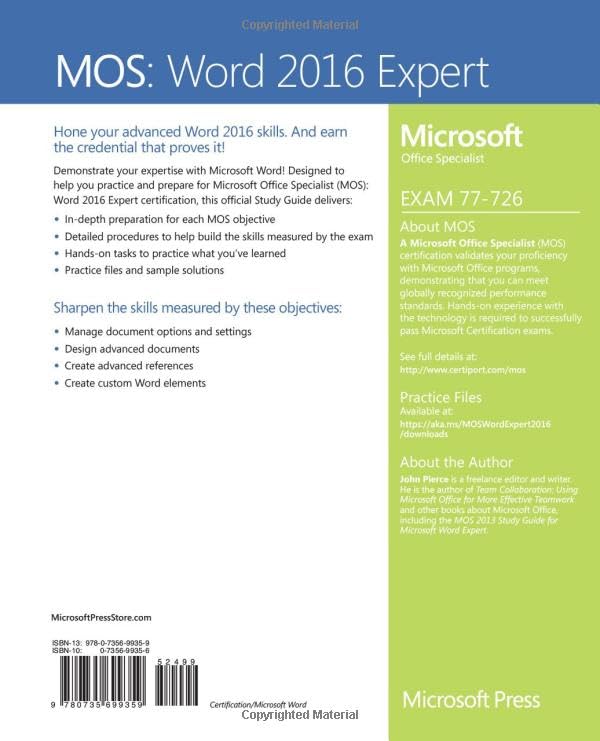 MOS 2016 Study Guide Microsoft Word Expert (MOS Study Guide),Used