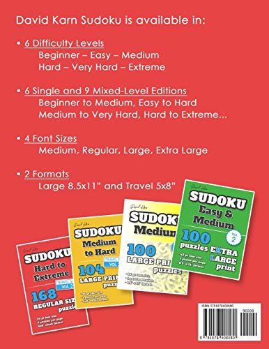 David Karn Sudoku  Very Hard to Extreme Vol 1: 100 Puzzles, Extra Large Print, 42 pt font size, 1 puzzle per page,Used