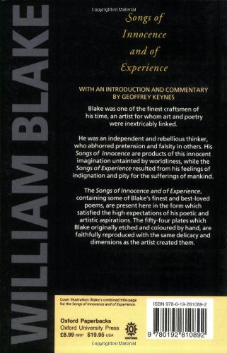 Songs Of Innocence And Experience: Shewing The Two Contrary States Of The Human Soul, 17891794 (Oxford Paperbacks),Used