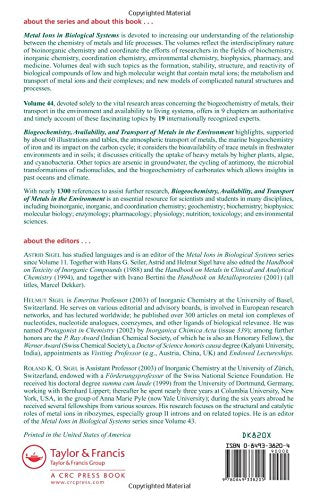 Metal Ions In Biological Systems, Volume 44: Biogeochemistry, Availability, and Transport of Metals in the Environment,New