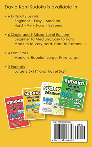David Karn Sudoku  Medium to Very Hard Vol 1: 168 Puzzles, Travel Size, Regular Print, 24 pt font size, 2 puzzles per page,Used