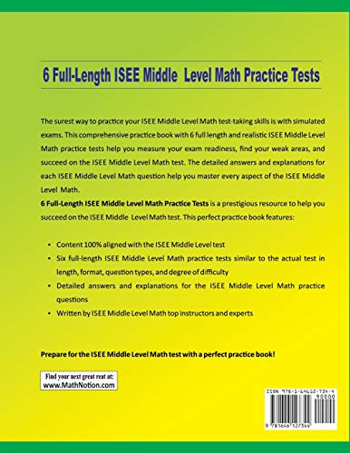 6 FullLength ISEE Middle Level Math Practice Tests: Extra Test Prep to Help Ace the ISEE Middle Level Math Test,Used