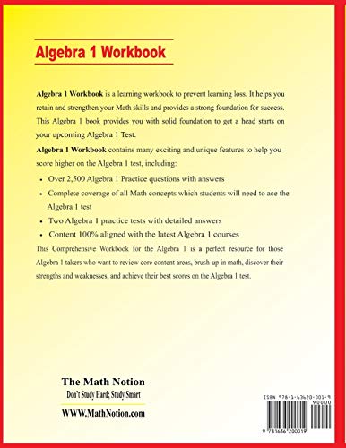 Algebra 1 Workbook: Essential Learning Math Skills Plus Two Algebra 1 Practice Tests,Used