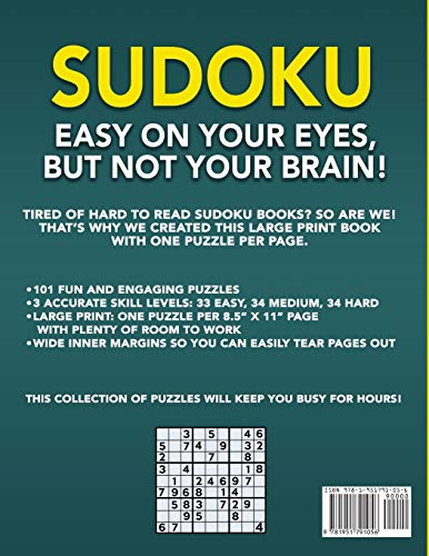 Sudoku Large Print 101 Puzzles Easy to Hard: One Puzzle Per Page  Easy, Medium, and Hard Large Print Puzzle Book For Adults (Pu,Used