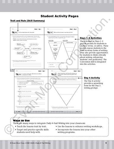 Evanmoor Daily 6Trait Writing, Grade 5 Homeschool And Classroom Resource Workbook, Reproducible Worksheets, Teaching Edition,