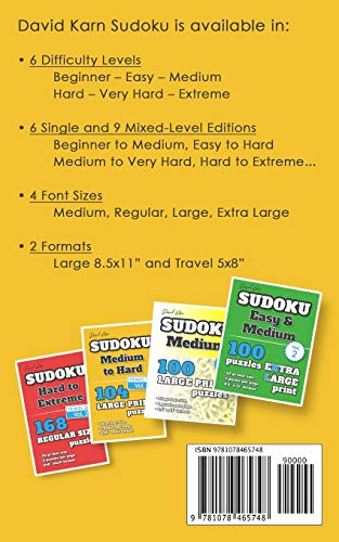 David Karn Sudoku  Easy to Hard Vol 2: 96 Puzzles, Travel Size, Large Print, 36 pt font size, 1 puzzle per page,Used