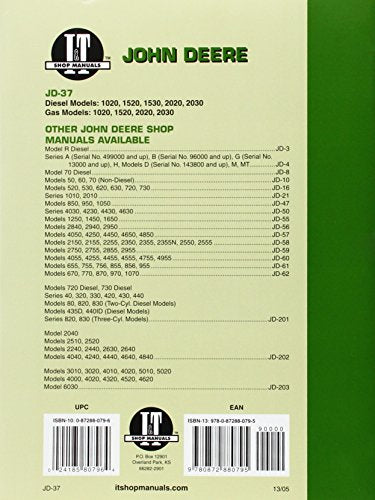 John Deere Shop Manual 1020 1520 1530 2020+ (I&t Shop Service),New