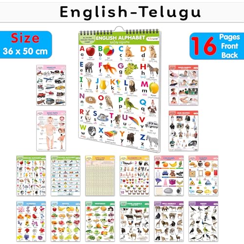 ChildrenS Educational Chart Collection : My First All In One Spiral Chart English-Telugu Learning Chart For Preschoolers, Educational Picture Chart For Toddlers With 16 Topics