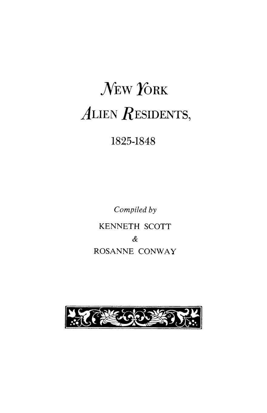 New York Alien Residents, 18251848,Used