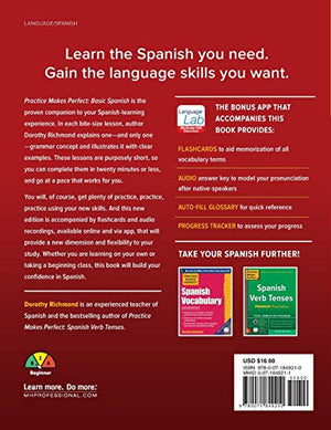 Practice Makes Perfect Basic Spanish, Second Edition: (Beginner) 325 Exercises + Online Flashcard App + 75Minutes Of Streaming -used