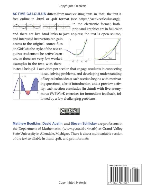 Active Calculus Single Variable Workbook for Chapters 14: Activities Only,Used