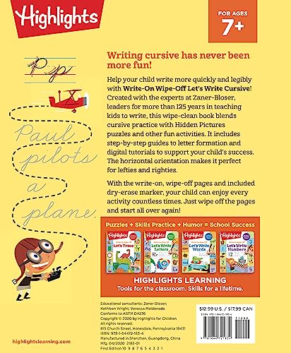 WriteOn WipeOff Let's Write Cursive (Highlights WriteOn WipeOff Fun to Learn Activity Books),Used