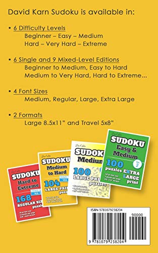 David Karn Sudoku  Medium to Hard Vol 1: 160 Puzzles, Travel Size, Regular Print, 24 pt font size, 2 puzzles per page,Used