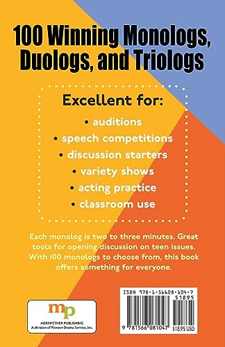 100 Great Monologs: A Versatile Collection Of Monologs, Duologs And Triologs For Student Actors,Used
