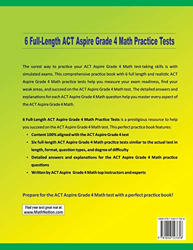 6 FullLength ACT Aspire Grade 4 Math Practice Tests: Extra Test Prep to Help Ace the ACT Aspire Grade 4 Math Test,Used