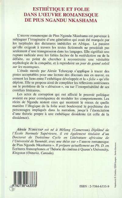 Esthtique et Folie dans l'oeuvre Romanesque de Pius Ngandu Nkhashama,Used