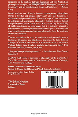 The End Of Modernity: Nihilism And Hermeneutics In Postmodern Culture (Parallax: Revisions Of Culture And Society),Used