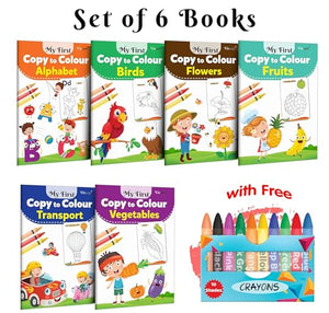My First Copy To Colour - Alphabet, Birds, Flowers, Fruits, Transport And Vegetables With 10 Wax Crayons : Colouring Book For Kids, Picture Colouring Books Combo | Pack Of 6 Copy To Colour Books