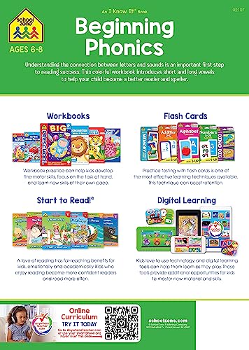 School Zone  Beginning Phonics Workbook  32 Pages, Ages 6 To 8, 1St Grade, 2Nd Grade, Vowels, Spelling, Letter Combinations, P,Used