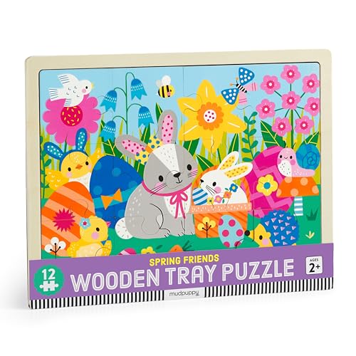 Mudpuppy Spring Friends  12 Piece Wooden Tray Puzzle Featuring A Colorful Spring Scene With Adorable Characters