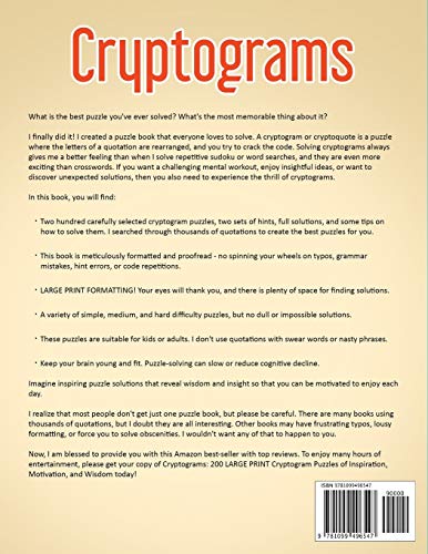 Cryptograms: 200 LARGE PRINT Cryptogram Puzzles of Inspiration, Motivation, and Wisdom,Used
