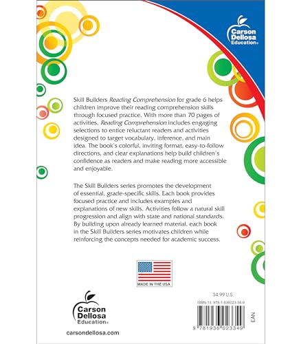 Carson Dellosa Skill Builders Reading Comprehension 6th Grade Workbook, Fiction and Nonfiction Passages, Puzzles, and More, Clas,Used