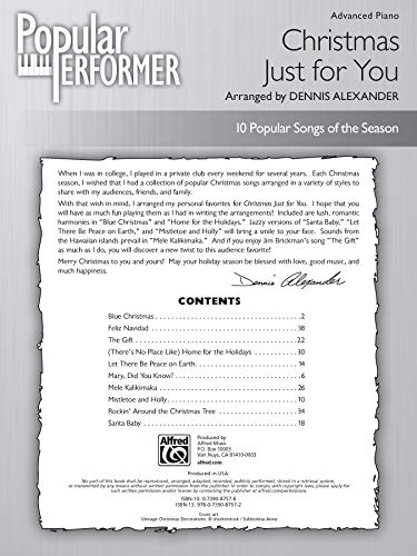 Popular Performer  A Christmas Just for You: 10 Popular Songs of the Season (Popular Performer Series),Used