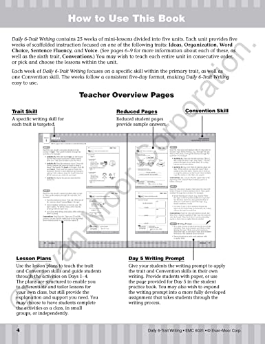 Evanmoor Daily 6Trait Writing, Grade 1, Homeschool And Classroom Resource Workbook, Reproducible Worksheets, Teaching Edition,