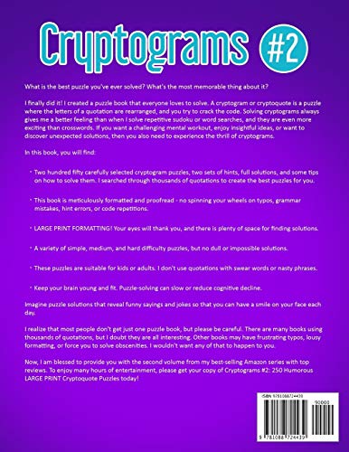 Cryptograms #2: 250 Humorous LARGE PRINT Cryptoquote Puzzles,Used