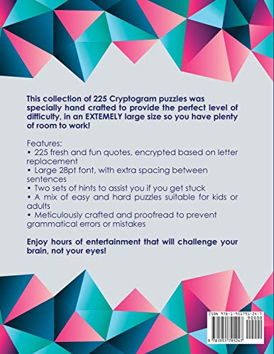 Cryptograms: 225 Large Print Inspirational and Motivational Cryptogram Puzzles,Used