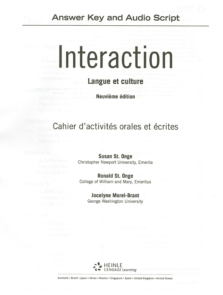 SAM Answer Key with Audio Script for St. Onge/St. Onge/Powers' Interaction: Langue et culture, 9th,New