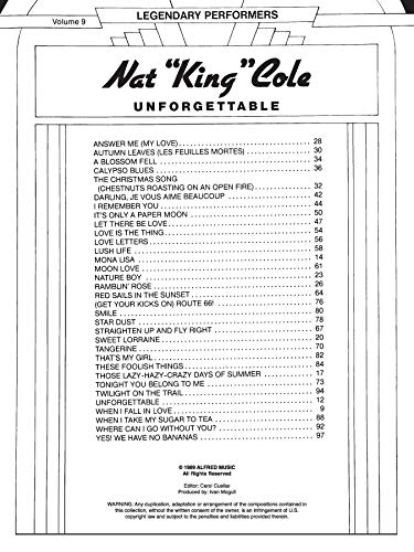 Nat King' Cole  Unforgettable': Piano/Vocal/Chords (Legendary Performers Series),Used