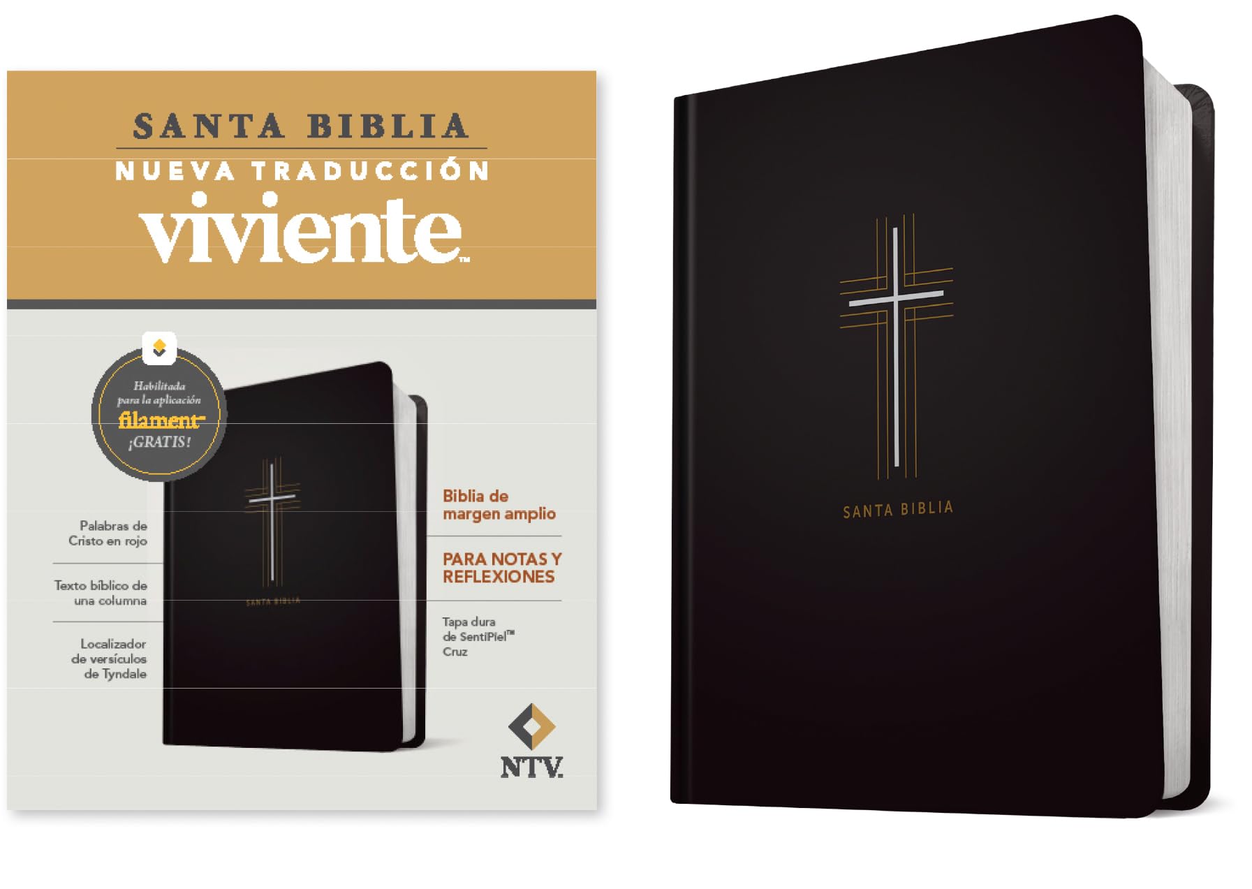 Biblia De Margen Amplio Ntv Con Filament (Tapa Dura De Sentipiel, Cruz, Letra Roja) (Spanish Edition)