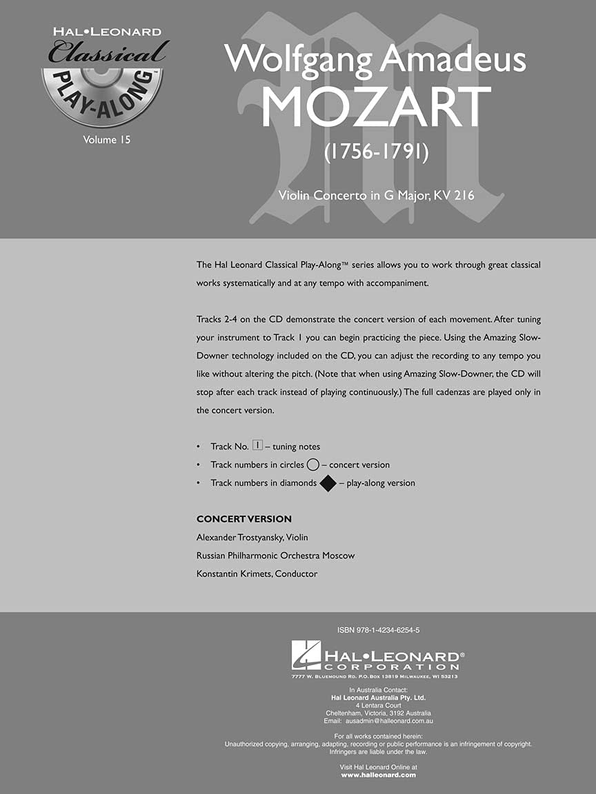 Mozart: Violin Concerto in G Major, K216: Classical PlayAlong Volume 15 (Classical Playalong, 15),Used