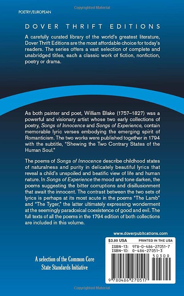 Songs Of Innocence And Songs Of Experience (Dover Thrift Editions: Poetry),New