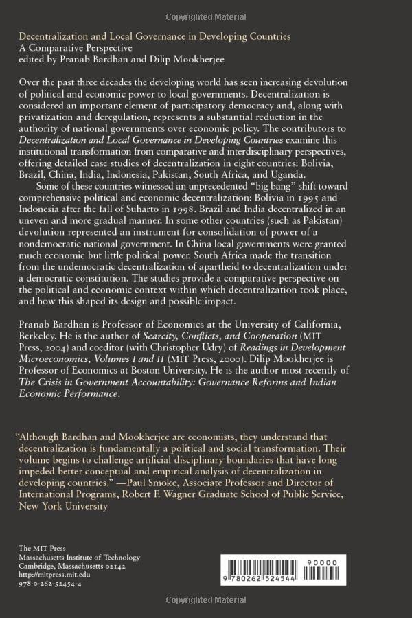 Decentralization and Local Governance in Developing Countries: A Comparative Perspective (Mit Press),New