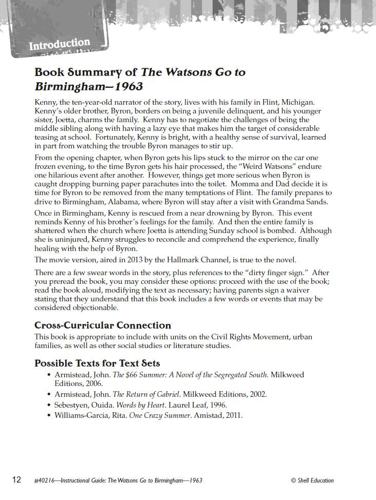 The Watsons Go to Birmingham1963: An Instructional Guide for Literature  Novel Study Guide for 4th8th Grade Literature with C,Used