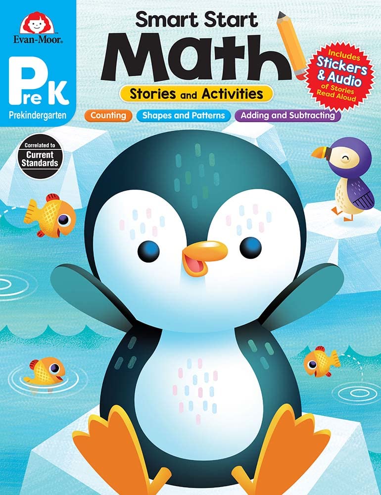 Evanmoor Smart Start Math, Prek Workbook, Stickers, Audio Read Alouds, Stories And Activities, Learn Numbers, Counting, Measurm,Used