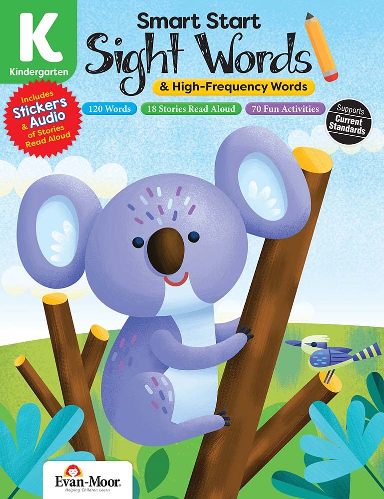 EvanMoor Smart Start Sight Words & High FrequencyWords, Kindergarten Workbook, Stickers, Audio Read Aloud, Full Color, Reading,Used
