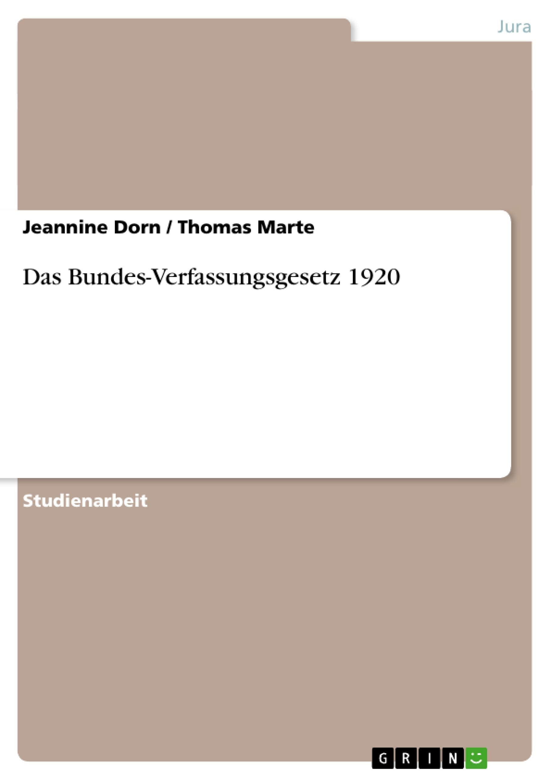 Das Bundesverfassungsgesetz 1920 (German Edition),Used