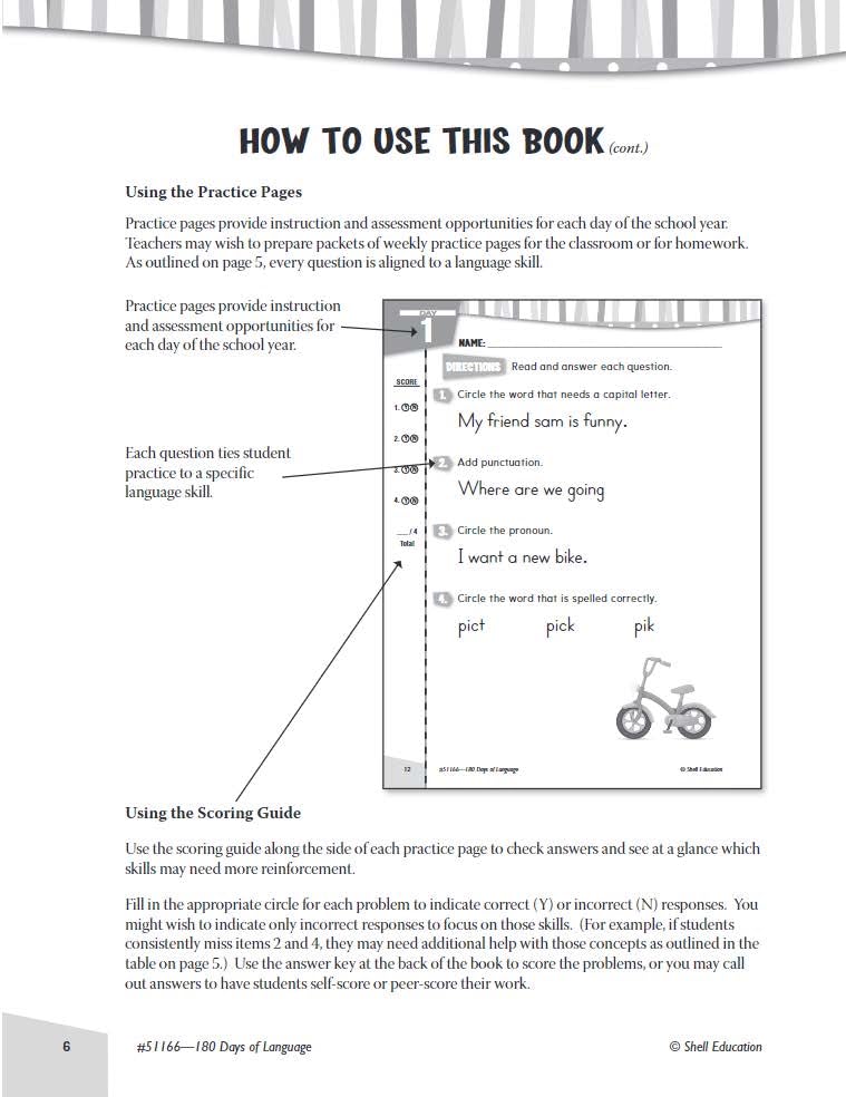 Shell Education 180 Days of Language for First Grade (180 Days of Practice),Used